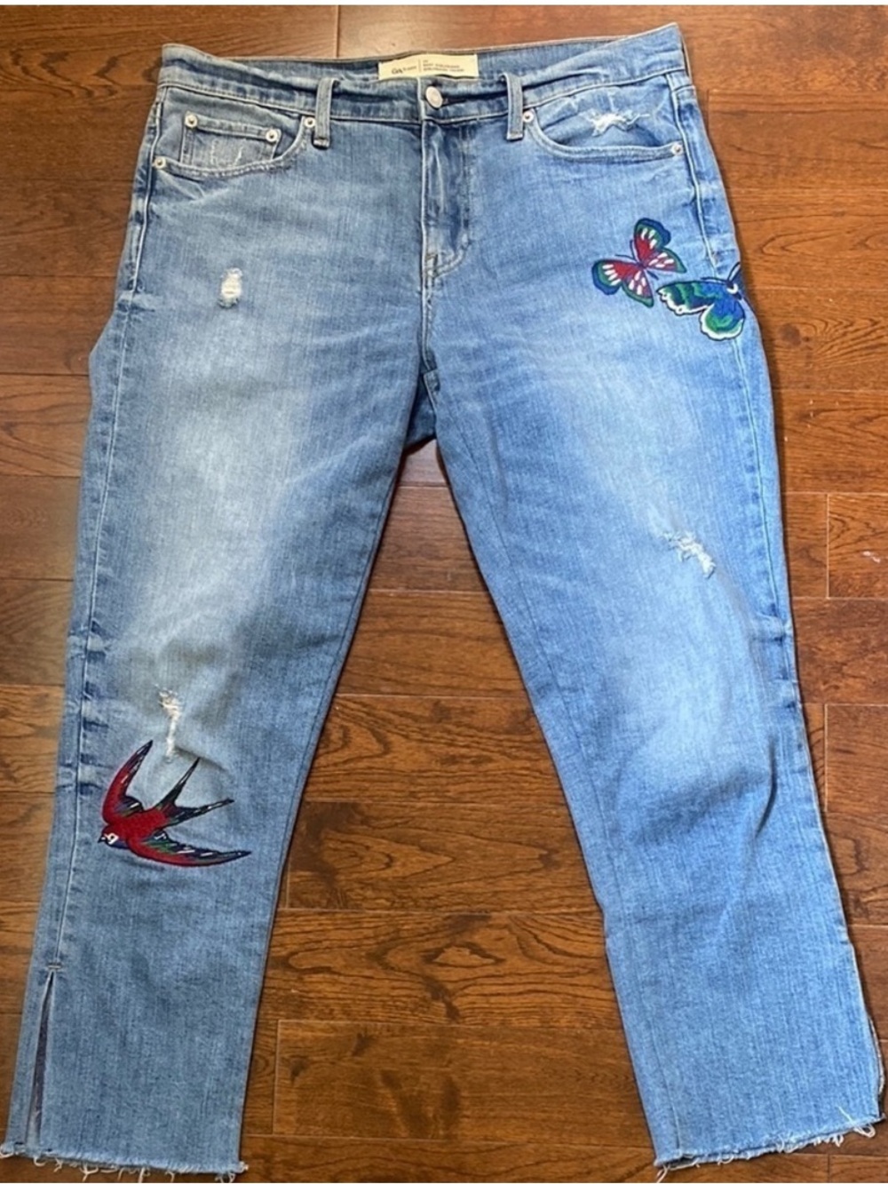 GAP Light Blue Boyfriend Jeans with Embroidered Birds and Butterflies
